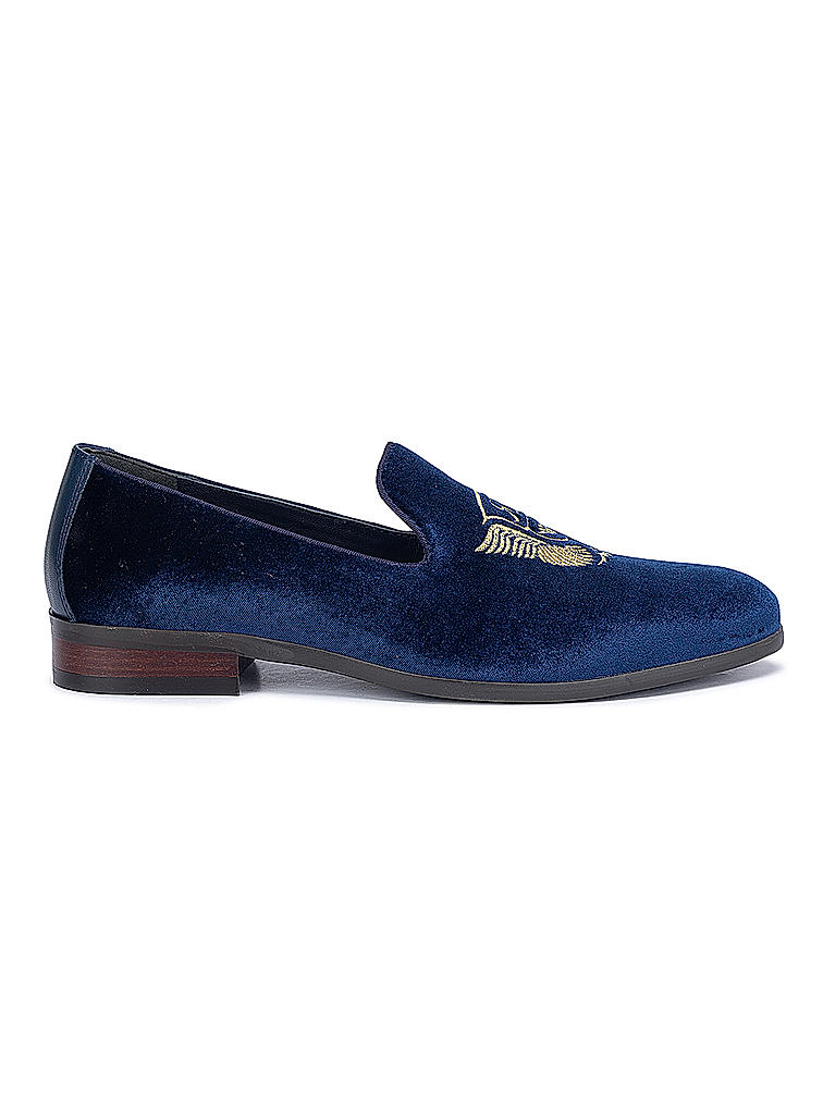 Navy Velvet Embroidered Loafers